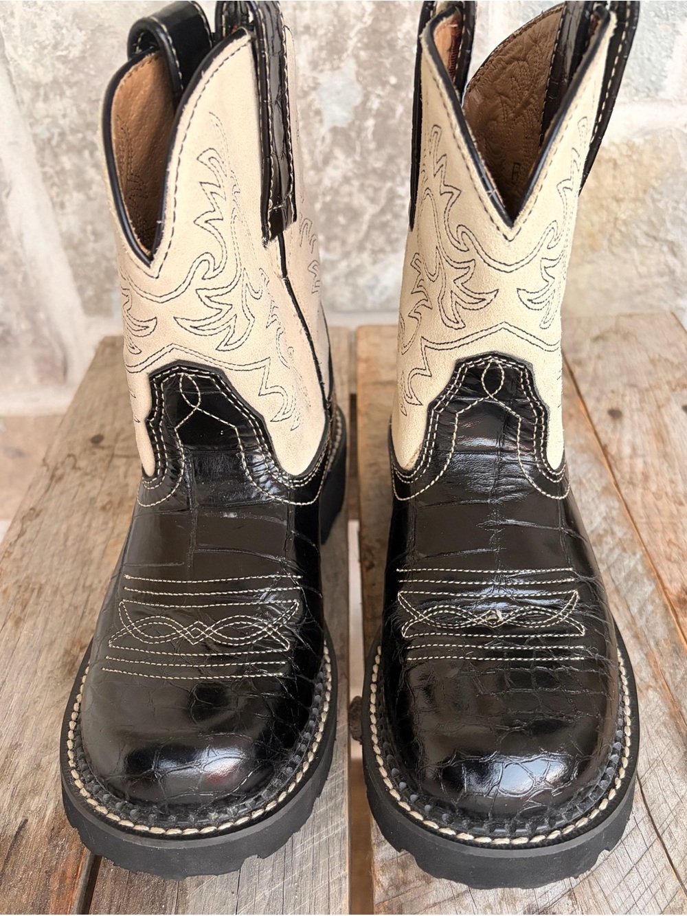 Ariat Fatbaby Kids Cowboy Boots Black Cream Western Size 6